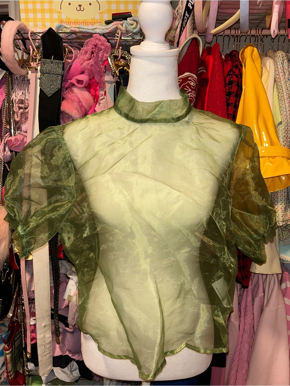 Urban Renewal Olive Green Sheer Organza Puff Sleeve Top